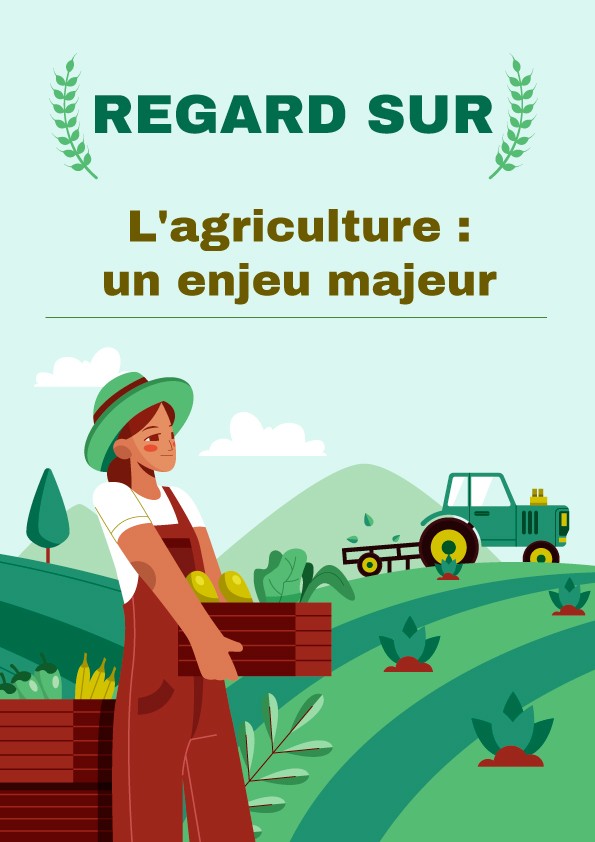 Affiche : le paysage agricole. Un tracteur sillonne les champs tandis qu'une agricultrice tient une cagette remplie de légumes