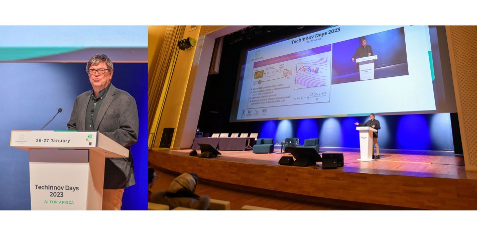 Montage of two photographs of Yann LeCun' talk at TechInnov Days. (photo: Ecole Centrale Casablanca)