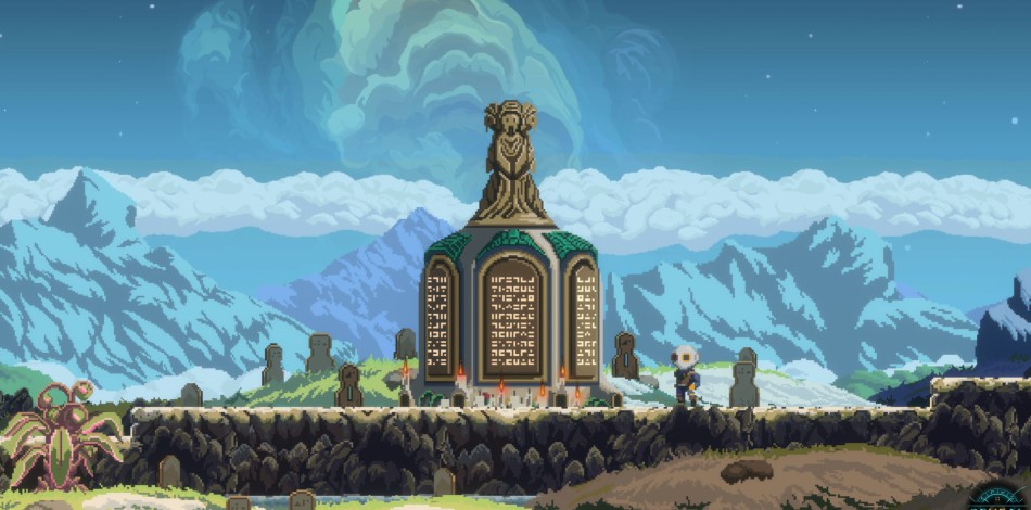 Capture d’écran du jeu Reveal sur laquelle le personnage se trouve devant un édifice en montagne