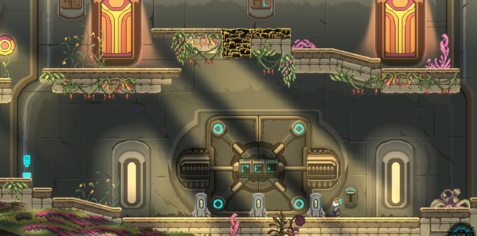 Capture d’écran du jeu Reveal sur laquelle le personnage se trouve dans un temple électronique